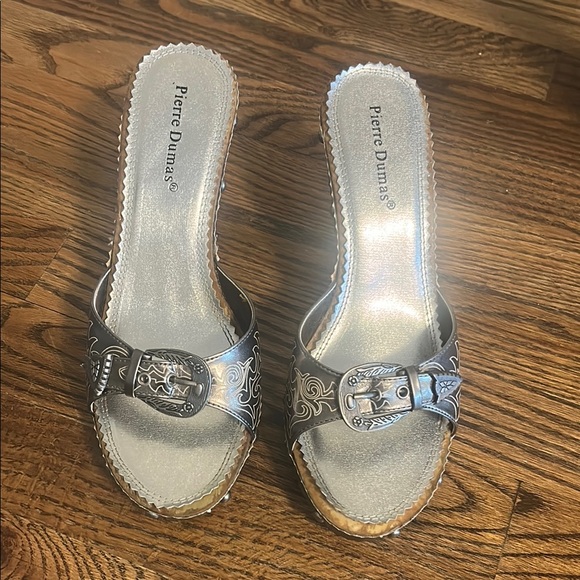 Pierre Dumas Shoes - Pierre Dumas Silver Mules with Wedge Heel and Decorative Strap